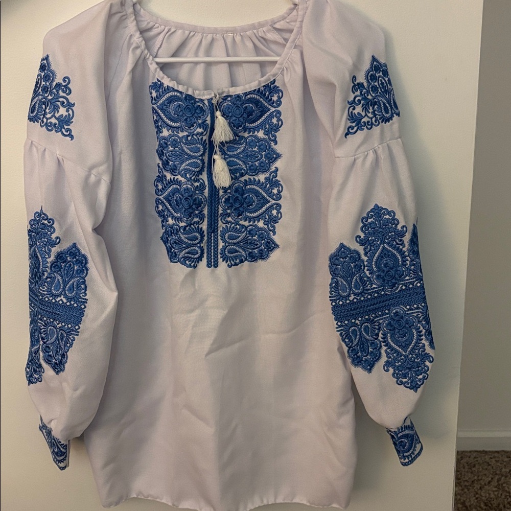Ukrainian White Blouse with Blue Embroidery
